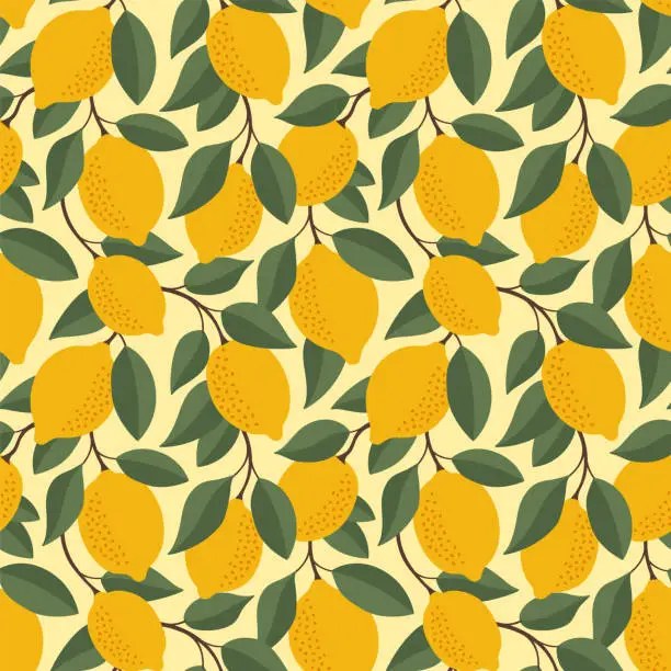 Vector illustration of Tropical seamless pattern with yellow lemons. Fruit repeated background. Vector bright print for fabric or wallpaper.