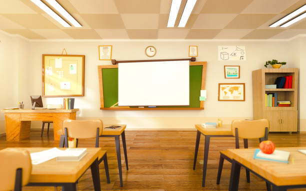 istock Empty school classroom in cartoon style. Education concept without students. 3d rendering interior illustration. Back to school design template. 1216528122