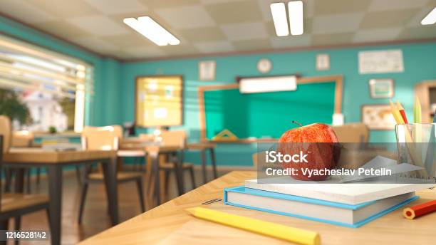 Cartoon Style School Elements Book Pen Pencils And Red Apple On Desk In Empty Classroom 3d Rendering Illustration Back To School Design Template Without People Stock Photo - Download Image Now