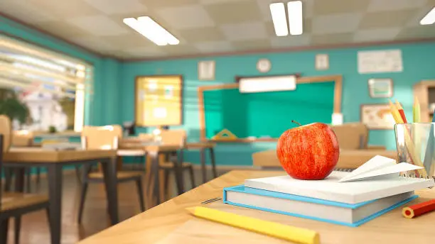 Photo of Cartoon style school elements - book, pen, pencils and red apple on desk in empty classroom. 3D rendering illustration. Back to school design template without people.