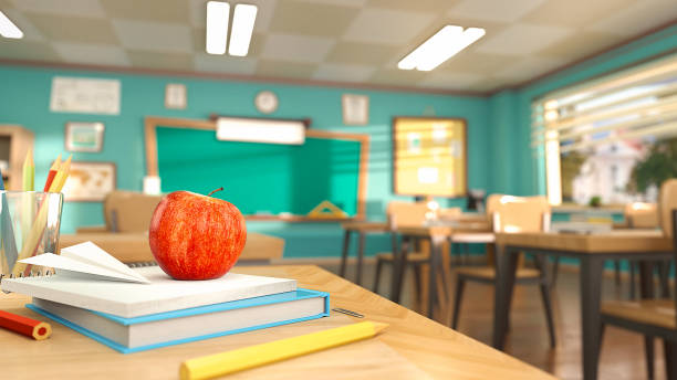 istock Empty school classroom in cartoon style. Education concept without students. 3d rendering interior illustration. Back to school design template. 1216528156