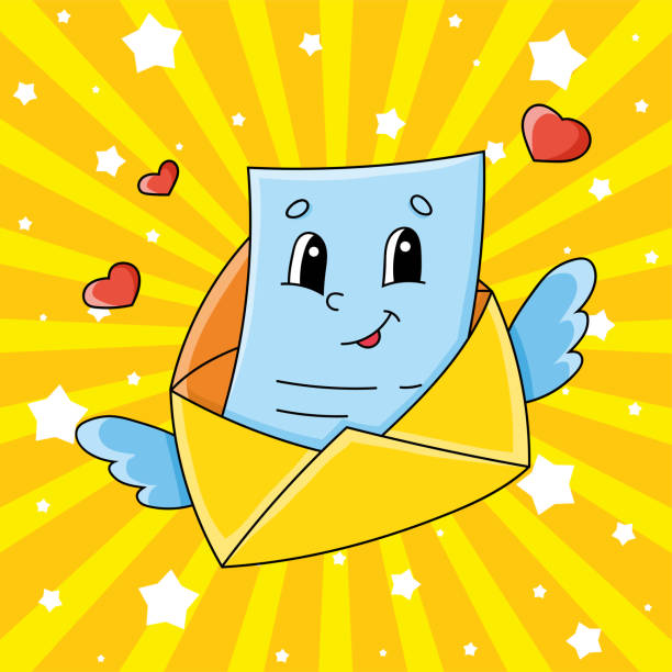 istock Flying open envelope with wings and a letter. Cute cartoon character. Colorful vector illustration. Isolated on color background. Template for your design. 1216528205