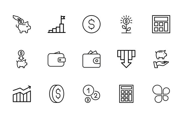 illustrations, cliparts, dessins animés et icônes de ensemble d’icônes de ligne de course de la dette - time savings currency pig