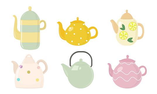 Set of isolated hand drawn different kinds of colorful lovely kettles and teapots with patterns over white background vector illustration. Tea drinking ceremony illustrations concept