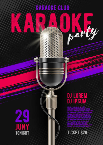 illustrazioni stock, clip art, cartoni animati e icone di tendenza di modello di poster karaoke con microfono retrò. illustrazione vettoriale. design per copertina, volantino, invito, cartello. - karaoke