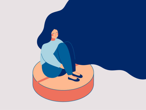 Depress woman sits on the big pill. Depress woman sits on the big pill. Concept of influence side effects of pills on the women’s moods. Vector drug abuse stock illustrations