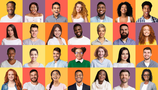 istock Set Of Smiling Mixed People Faces Posing Over Colorful Backgrounds 1216535669