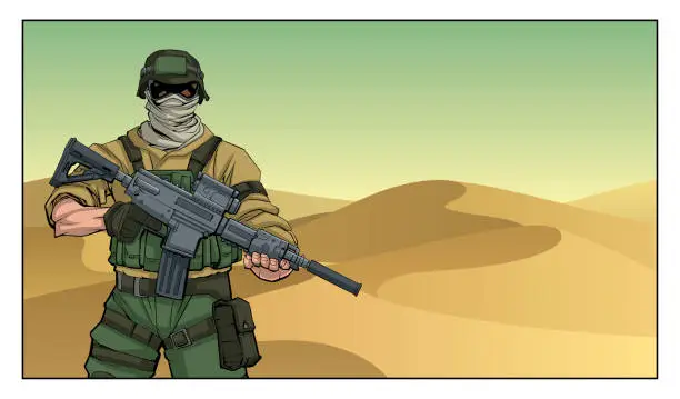 Vector illustration of Soldier in Desert