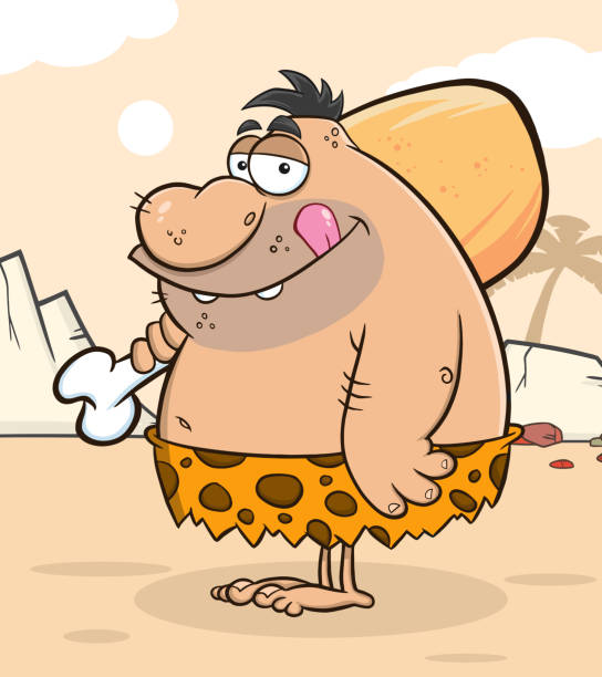 Fat Caveman Cartoon Character With Big Chicken Leg Fat Caveman Cartoon Character With Big Chicken Leg. Vector Illustration With Background stone age stock illustrations
