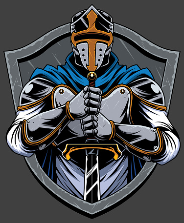Cartoon mascot or logo with knight Templar.