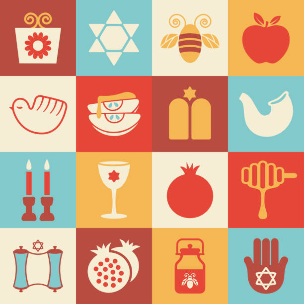 Jew new year holiday vector icons on a grid. Rosh HaShanah holiday squared vector icons.
