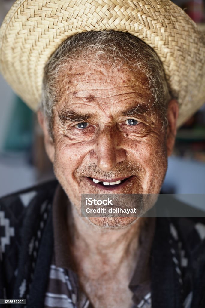 Portrait Of A Mediterranean Old Farmer Wearing A Straw Hat Stock Photo -  Download Image Now - iStock