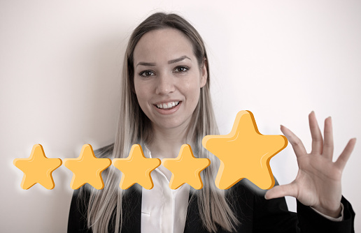 Concept of feedback, testimonials messages and notifications. Rating on customer service illustration. Young woman holding five star services rating satisfaction. Flat vector