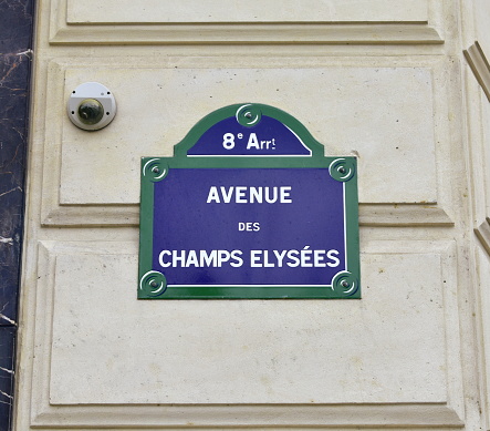 Paris, France. August 15, 2019.  Famous Champs Elysees Avenue street sign isolated.