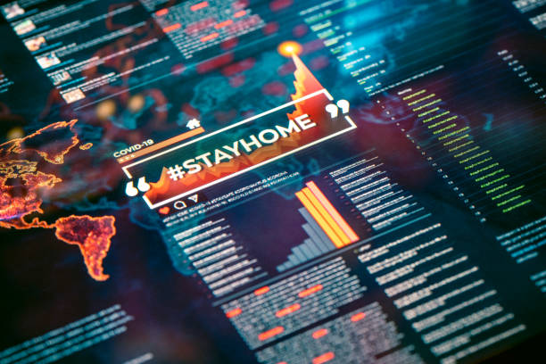 istock #stayhome. Stay home hashtag close-up on digital display 1216541901