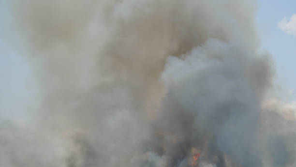 istock Blurry black with gray and brown smoke on blue background 1216542426