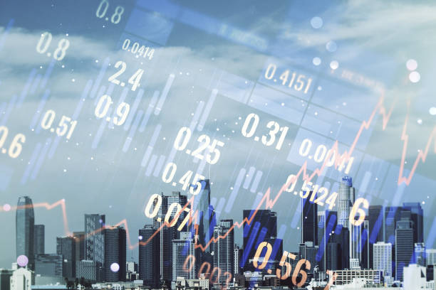 istock Abstract virtual financial graph hologram on Los Angeles skyline background, forex and investment concept. Multiexposure 1216543035