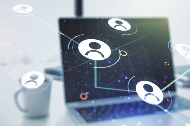 istock Double exposure of social network icons concept with computer on background. Networking concept 1216543592