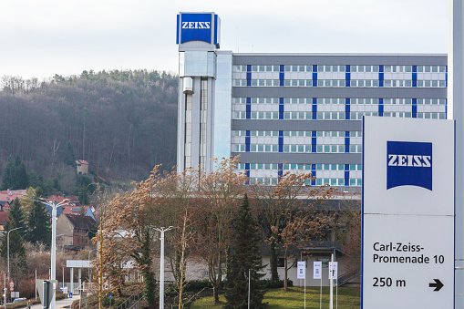 Jena, Germany - January 12, 2020: Zeiss headquarters in Jena. Carl Zeiss is a german firm specialized in optical instruments, optics, and lenses of precision.