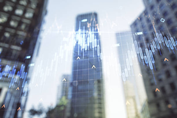 istock Double exposure of abstract financial chart with world map on office buildings background, research and analytics concept 1216543982