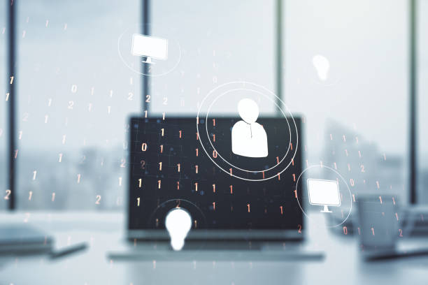 istock Double exposure of social network icons concept with computer on background. Networking concept 1216543987