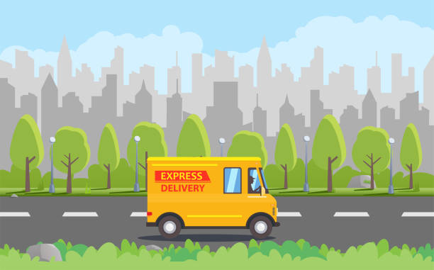 żółty samochód dostawczy z kreskówek i panorama miasta w tle. usługa dostawy płaskiej koncepcji. - truck trucking car van stock illustrations