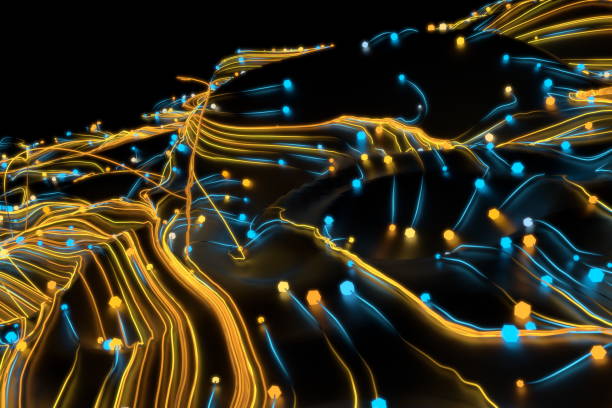 istock Neon glowing twisted cosmic lines on the glossy surface. Turbulence curls flow colorful motion. Fluid and smooth astronomy vortex swirl structure. 3d rendering Abstract creative modern background 1216545786