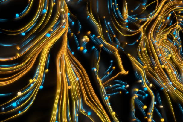 istock Neon glowing twisted cosmic lines on the glossy surface. Turbulence curls flow colorful motion. Fluid and smooth astronomy vortex swirl structure. 3d rendering Abstract creative modern background 1216545794