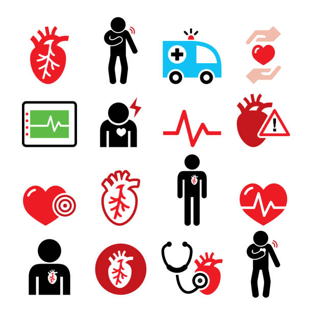 심장 질환, 심장 마비, 심혈 관 질환 벡터 아이콘 세트, 가슴 통증 디자인, 호흡 문제 - pulse trace human cardiovascular system heart shape heart disease stock illustrations