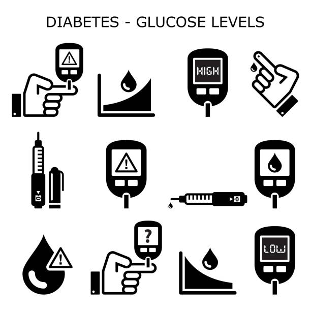 ilustrații de stoc cu diabet zaharat, diabetici vector de sănătate iconi set - ridicat și scăzut de zahăr, nivelurile de glucoză - hipoglicemie, design hiperglicemie - diabet