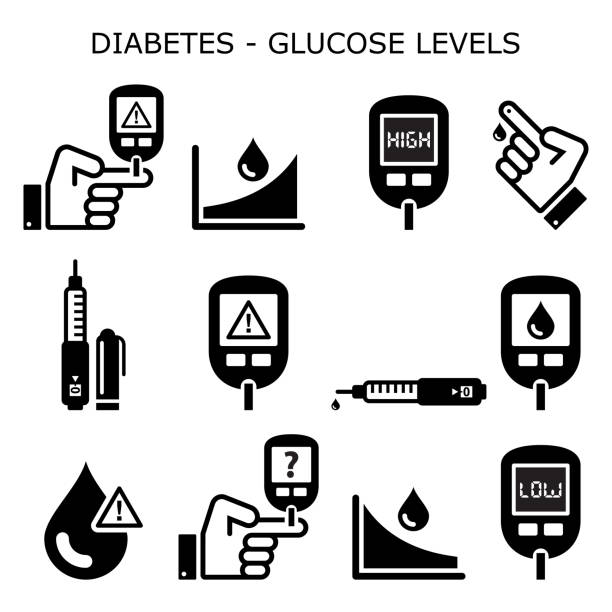 Diabetes, diabetic healthcare vector icons set - high and low sugar, glucose levels - hypoglycemia, hyperglycemia design Checking blood level on machine, insulin pen - black icon collection glucose stock illustrations