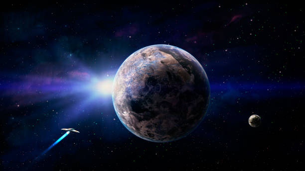 istock Space background. Spaceship fly to planet in colorful blue nebula 1216548468