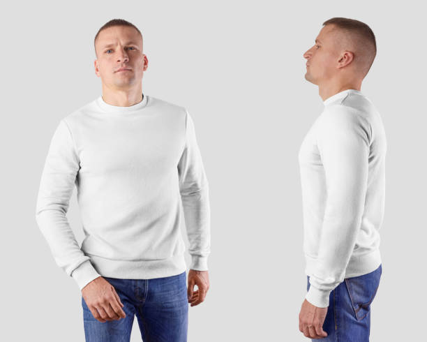 istock Textile pullover template for a sports man in blue jeans, front and side view, for presentation design. 1216551306