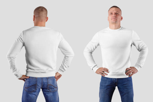 istock Mockup blank male heather on a man in blue jeans isolated on a white background, front and back view. 1216551347