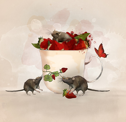 Surreal illustration with a cup of strawberries and lovely mice – 3D render