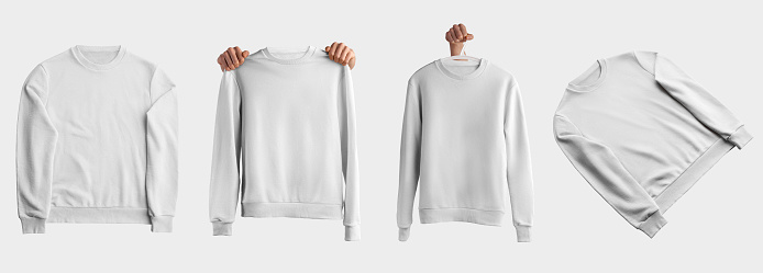 Template of a white blank pullover on a hanger and holding hands, front view, for presentation of design, pattern. Mockup of inclined textile heather isolated on a background. Set of men's sweatshirts