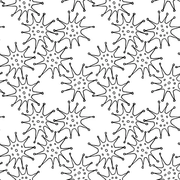Vector illustration of Net, a hedge of algae plants flowers sea urchins prickles pollen. Seamless pattern, background, texture, Wallpaper. Outline Doodle vector