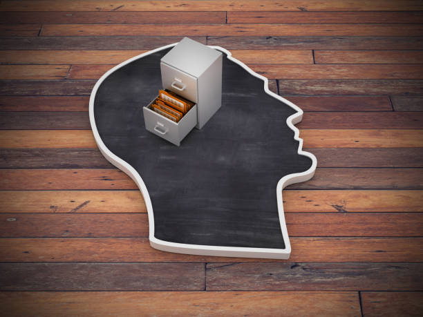 istock Human Head Shape with Archives on Wood Floor - 3D Rendering 1216554244