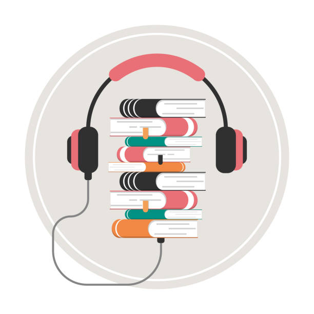 ilustrações, clipart, desenhos animados e ícones de vetor de conceito de livro de áudio isolado - pile of books audio