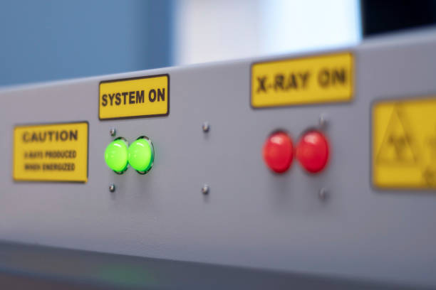 istock Security X-ray Machine Red Emergency Stop and Green System On Lights On at Checkpoint 1216555576