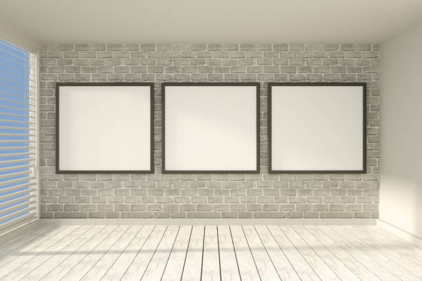 istock 3D Indoor, living room and empty frame with brick wall and sunlight 1216556198