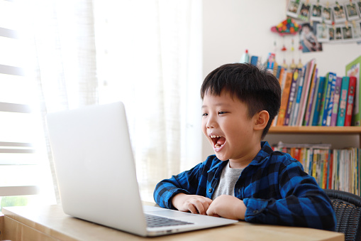 Portrait of little Asian boy using laptop at home, online, video chatting, education, E-learning concept.