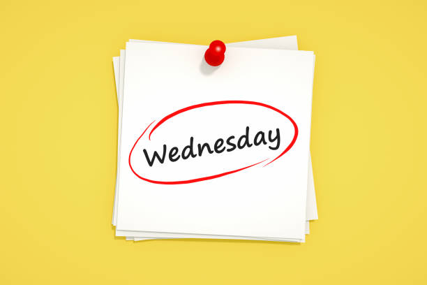 Wednesday Text on White Adhesive Sticky Note 3D Rendering of adhesive sticky note and red thumbtack on a yellow background with Wednesday text. wednesday morning stock pictures, royalty-free photos & images