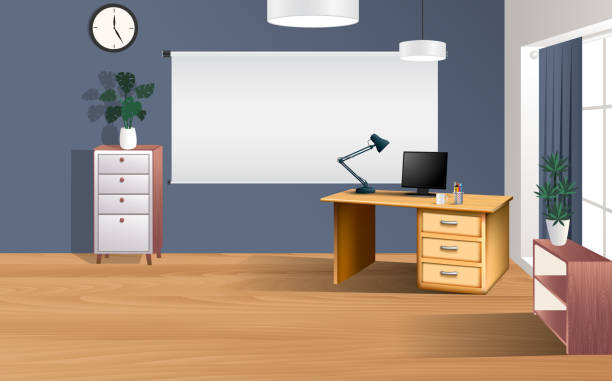 Web computer table and white boad in the room desk illustrations stock illustrations