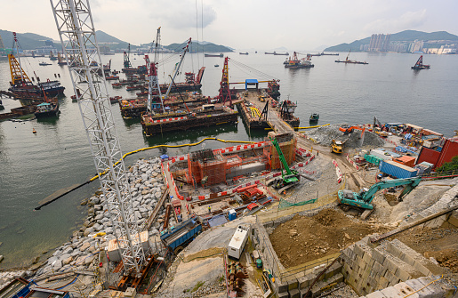 August 22, 2019, Hong Kong: A panoramic view of the marine works of Tseung Kwan O-Lam Tin Tunnel project is seen from Tiu Keng Leng, Hong Kong.The HK$15 billion tunnel is expected to be completed in 2021.