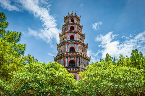 Majestic Thien Mu Pagoda under blue summer sky. Hue, Central Vietnam, Vietnam, East Asia