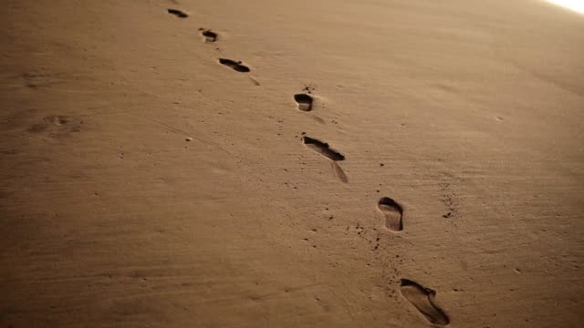 Tracking closeup footage of footprints on the golden wet sand at beach