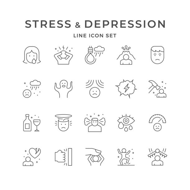 ilustrações de stock, clip art, desenhos animados e ícones de set line icons of stress and depression - ansiedade