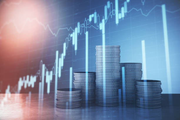 istock Sylver coins in form stock chart and marketing analysis interface on virtual screen. 1216560235