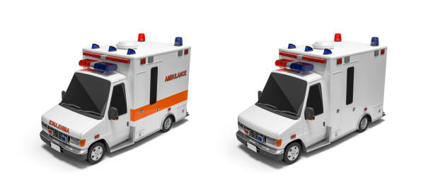 istock American ambulance emergency car / Ambulans car on white background isolated 3D model rendering. 3D illustration Health care and medical concept. Clipping path included. 1216560473